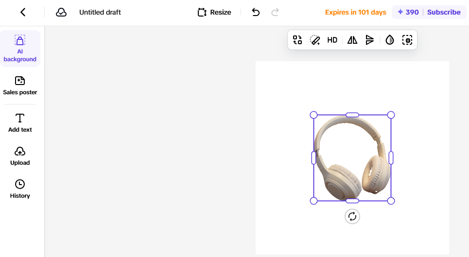 AI-powered background removal editing a headphone image, enhancing product presentation for online store listings.